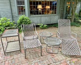 Item 387:  Brown Jordan Serving Cart (left):  $75 (SOLD)                                                                                                  Item 388:  (2) Brown Jordan Side Chair & (1) Ottoman:  $125/ea (SOLD).                                                                                         Item 389:  (2) Brown Jordan Small Side Tables:  $42 ea (1 IS SOLD)                                                                                          Item 390:  (2) Brown Jordan Lounge Chair:  $125 ea                                                                                                                                                   