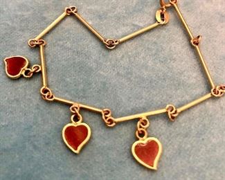 Item 270:  18K and Red Enamel Hearts Bracelet:  $375
