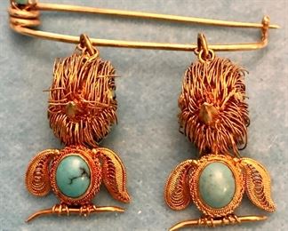 Item 254:  Unusual 14K (tested) Owl Pin with Turquoise Bellies:  $750