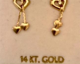 Item 297:  14K gold little heart dangle earrings:  $40