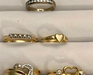 Item 241:  14K Baby Ring with Heart (bottom right): $45                                                                                                           Item 242: 14K Heart Ring with Diamond Chips:  $150 (bottom right)                                                                                             Item 243:  14K and CZ Ring (middle left): $60                Item 244:  Elsa Perretti Tiffany 18K Heart with Diamond Chips: $285 (SOLD)                                                                                          Item 245:  14K Gold and Diamond Chip Ring (top): $125