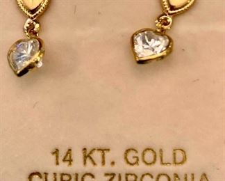 Item 286:  14K and CZ Heart Drop Earrings: $22.00