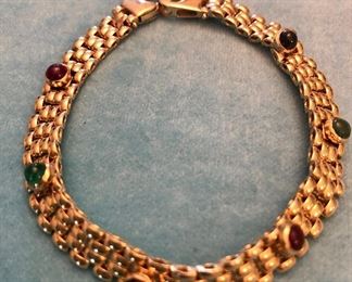 Item 392:  Gorgeous 14k Bracelet with Cabochon Ruby, Sapphire and Emerald Stones: $745