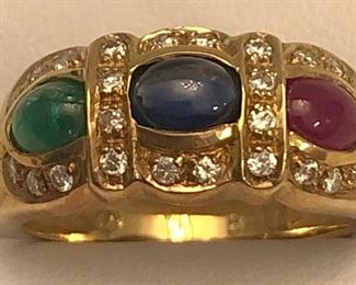 Item 393:  14k Ring with Cabochon Emerald, Ruby and Sapphire Stones with Diamonds: $350