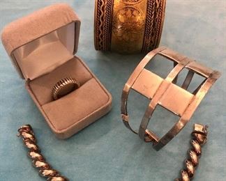 Item 395:  Brass Cuff: $16                                                                                   Item 396:  Sterling Silver Cuff: $65                                                               Item 397:  Shrimp Style Sterling Silver Bracelet: $45                                      Item 398:  Sterling Silver Ring in Box: $48    