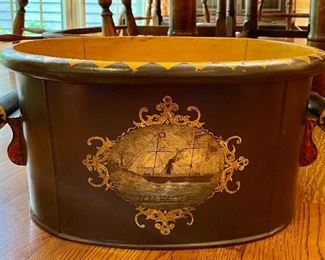 Item 505:  Metal Bucket with Ship Painting: $95