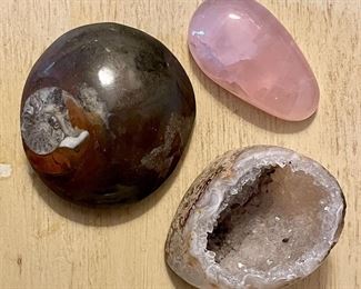 Item 518:  Three Cool Stones - Rose Quartz, Geode and Polished Fossil: $24