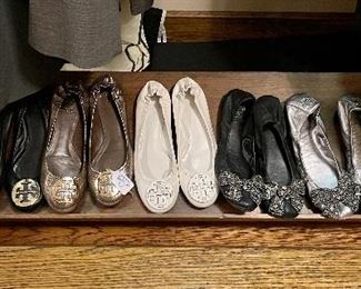 Item 531:  Tory Burch Shoes:  $115/Each                                                               size 7.5, except for pairs 5 & 6 (left to right) which are size 7