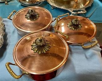 Item 532:  Set of 3 "New" Old Stock Copper Pans with Stainless Interior and Ornate Handle: $145 for set