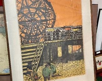 Item 534:  Signed MCM Litho with Ferris Wheel - 27.75" x 33.5": $245