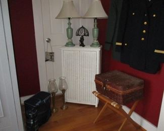 lamps, Navy jacket & small wicker cabinet
