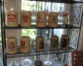 Beer mugs, glass cruets & small glass storage jars