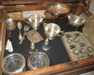 Sterling silver items. Salt & pepper, sugar & creamer, pedestal dish, gravy boat,  individual salts in fitted case