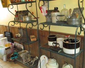 crocks, jugs & kitchen items on bakers racks