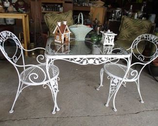 glass topped iron  table & 2 chairs