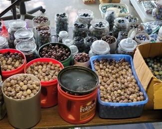 We have tables that are completely packed with marbles. All sizes, all kinds. We even have tables stacked on top of tables to showcase this marble collection. These two pics (this one and the one to follow) are only a smidgen of what you will find in this sale.