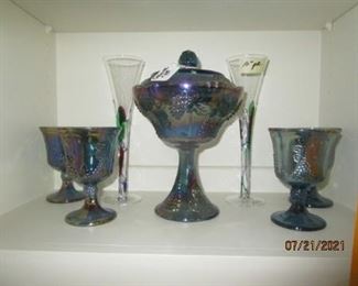 Blue Carnival Glass Compote.  (glasses goes with pitcher) as seen in next pic.