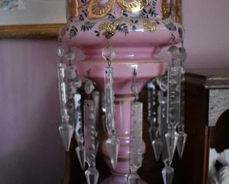 A pair of Bohemian Glass Mantle Lustres with Hand  Gorgeous Hand-painted motif with Gold Overlay and Crystal Prisms