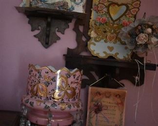 More Collectible Cards sit on Wooden Wall Displays behind Beautiful Bohemian Mantle Luster Crystal Prism Candle Lamp