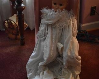 Child's, or Doll's, Wingback Chair with Antique Doll dressed in Fabulous Doll Clothes