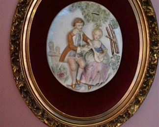 Pair of Antique Bisque Victorian Couple in Golf-leaf trimmed Oval Frame
