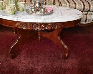 Gorgeous Marble Top Victorian Coffee Table with carved Flower Edging and Silver plate Coffee/Tea Pot complete with Sugar and Creamer