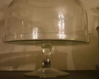 Antique Glass Pedestal Cake Plated with Rare Etched Domed Top