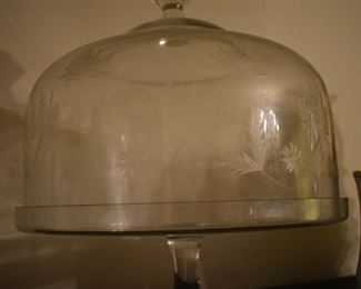 Antique Glass Pedestal Cake Plated with Rare Etched Domed Top