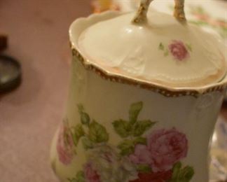 Antique Porcelain Canister with hand painted trim and flowers signed Three Crown China, Germany accented with 3 crowns in signing