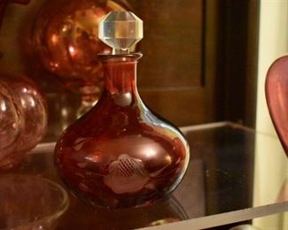 Lovely Antique Cranberry Glass Decanter with cut etchings and clear glass stopper