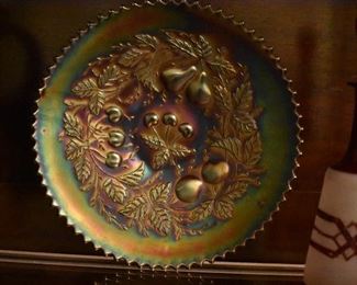Antique Marigold Carnival Style Plate with Pear and Cherry Design