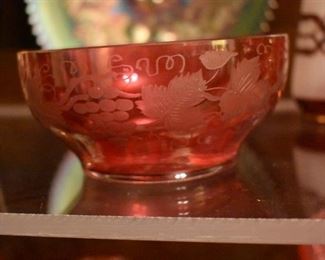 19th Century Cranberry Finger Bowl Hand-Blown with Frosted Etched Grape and Cable Design came from Foxland Hall