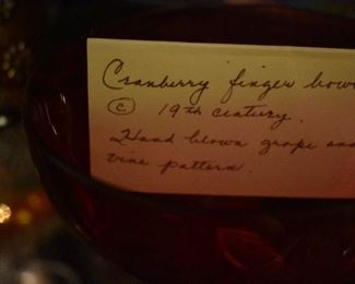 19th Century Cranberry Finger Bowl Hand-Blown with Frosted Etched Grape and Cable Design came from Foxland Hall
