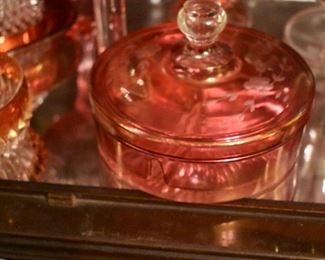 Turn of the Century Antique Cranberry Glass Dresser Bowl with Lid with Frosted and Etched Design