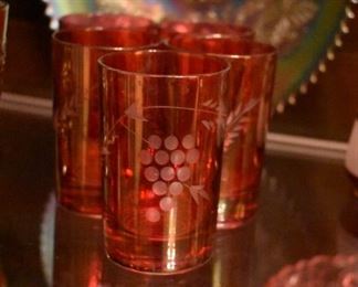 Cranberry Glasses with Wheat and Grape Cluster Frosted Etching