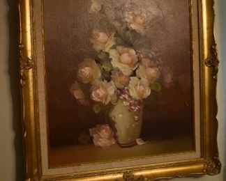 Beautifully Framed in this Antique Gold Frame is this Gorgeous still-life painting of Roses in Vase signed by the Artist "Edward"