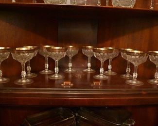Set of 12 Beautiful Italian Crystal Champagne Goblets with Gold Rims and Cut Glass Stems