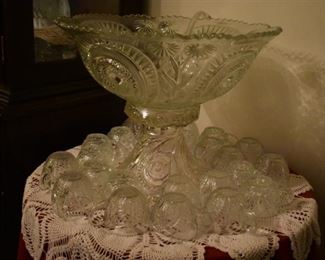 Very Large Antique Pattern Glass Punch Bowl complete with 24 cups with Bullseye surrounded by unique diamond and other designs