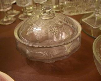 Early Pattern American Glass covered Dish with Lid in Grape and Cable Lid