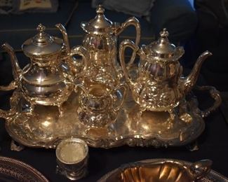 Gorgeous Antique/Vintage Silver-plate Tea Set complete with Tray (8 pieces including lids) plus Sterling Silver Candle Holder