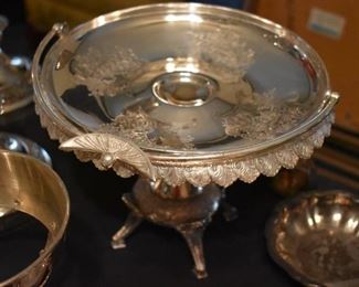 Antique Pedestal Silver Tray with Pedestal, Handle and Fancy Filligree