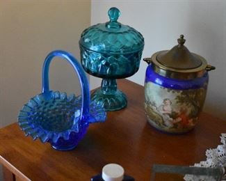 Antique Lidded Biscuit Jar, Fenton Hobnail blue Basket and More!