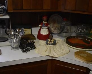 Kitchen Items include Antique Spooner, Tom's Toasted Peanut Jar, Black Americana Cookie Jar and Doll, Serving Platters and More!