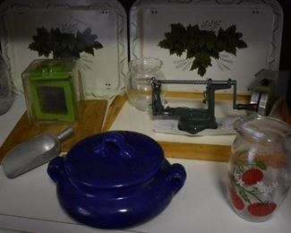 Antique Tea, Water, or Juice Pitcher hand- painted, an Apple Peeler, Candy Scoop, Metal Trays, Cutting Board, Large Pickle Jar with Wire Bale, double handled Tureen and More!