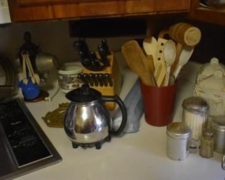 Vintage and Antique Kitchen Utensils, Carving Knife Set with Block, Canister Set and various Vintage Shakers