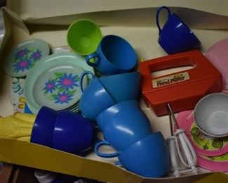 Vintage Childs Melmac Dishes, Cups, etc. including a Kiddy-mate Hand Mixer! There is one more box, not pictured, that goes with this set
