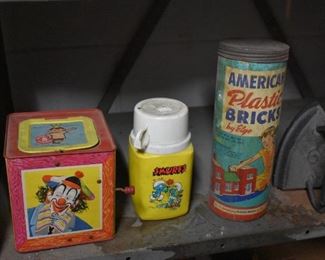 Vintage Toys and more!: A Matty Mattel Clown Jack in the Box, a Smurfs Thermos, a can of American Plastic Bricks by Elgo and a Sheffield #6 Sad Iron