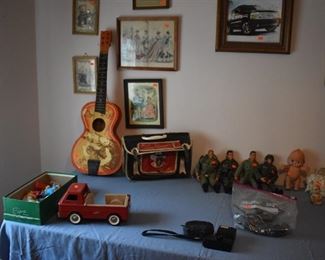 Vintage Toys including Roy Rogers Guitar. Lone Ranger Satchel, Metal Truck, and more!