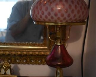 Gorgeous Antique Lamp with Cranberry Globe and Cranberry and Brass Base