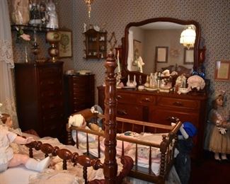Pictured is the Beautiful Lillian Russell, Davis and Company Bedroom Suite's Mirrored Dresser and Lingerie Chest, a Jewelry Floor Chest, Collectible Dolls, Perfume Bottles, Baby Cradle and More!
